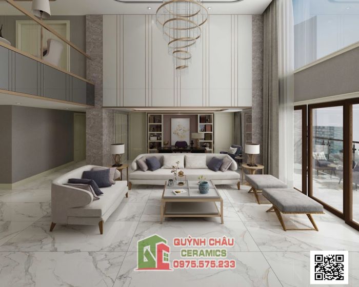 Gạch lát nền tasa 80x160 trắng Marble vệt xám bóng kiếng