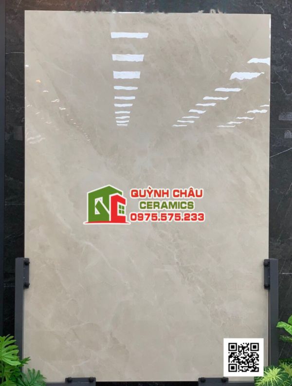 Gạch cao cấp ấn độ 120x180 vân đá màu trắng kem nhẹ nhàng Armani Beige Stone bề mặt siêu bóng