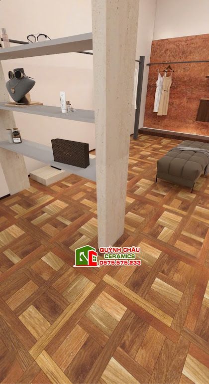 Gạch giả gỗ 60x60 màu nâu hoạ tiết lắp ghép   
