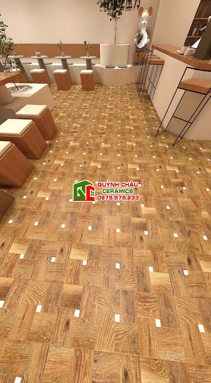 Gạch vân gỗ màu nâu 60x60 hoạ tiết ô vuông        