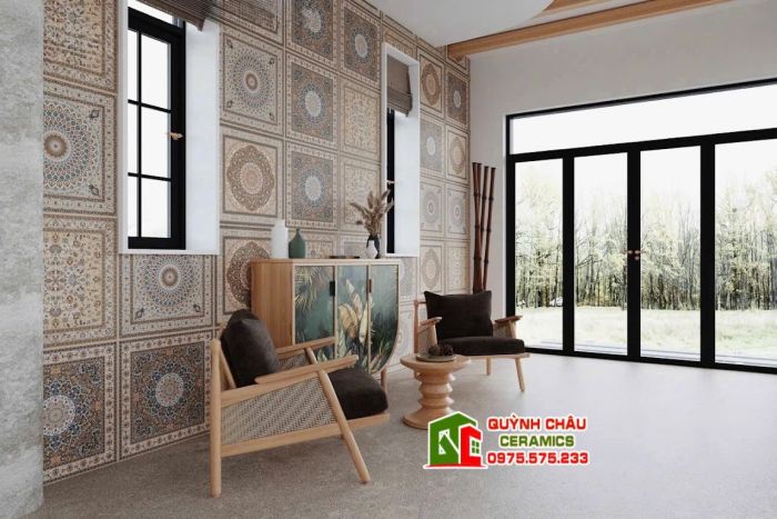 Gạch 60x60 hoa tiết thảm hoa cỏ màu xám đa sắc               