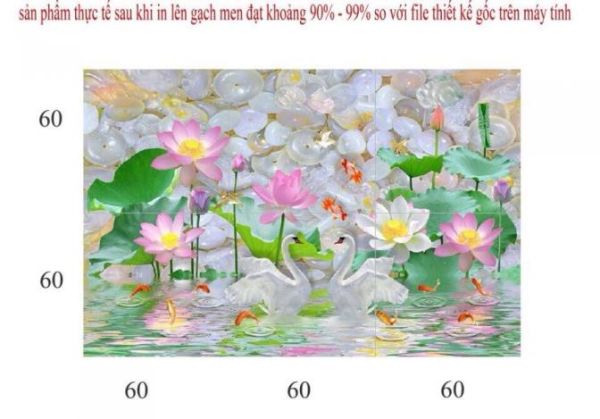 Gạch tranh giá rẻ  phong cảnh ao sen thiên nga bơi 180x120