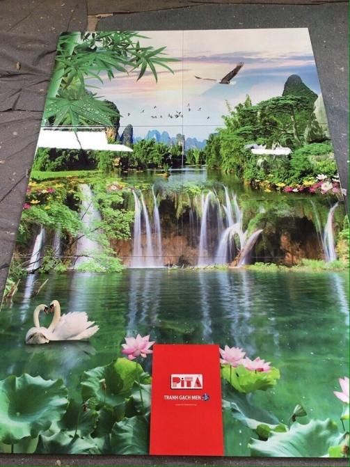 Gạch tranh giá rẻ  phong cảnh hồ nước thiên nga bơi 180x120