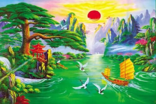 Gạch tranh giá rẻ  phong cảnh thuyền  buồm thiên nga