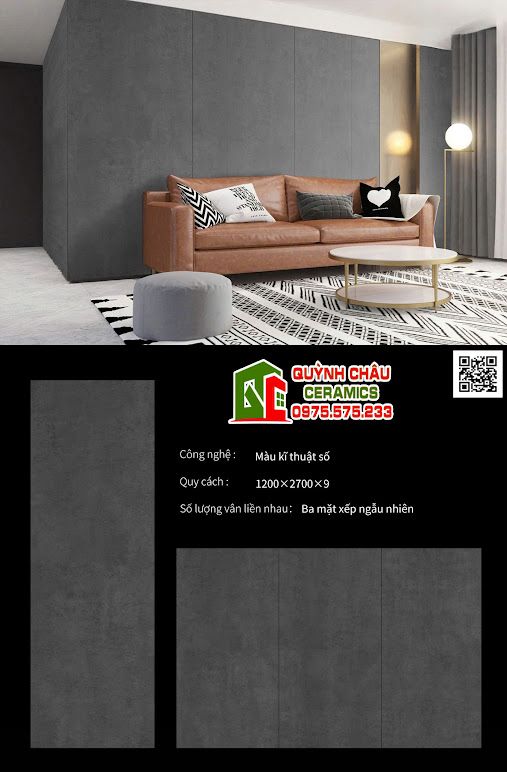 Đá nung kết khổ lớn 120x270cm mờ xám đậm vân xi măng