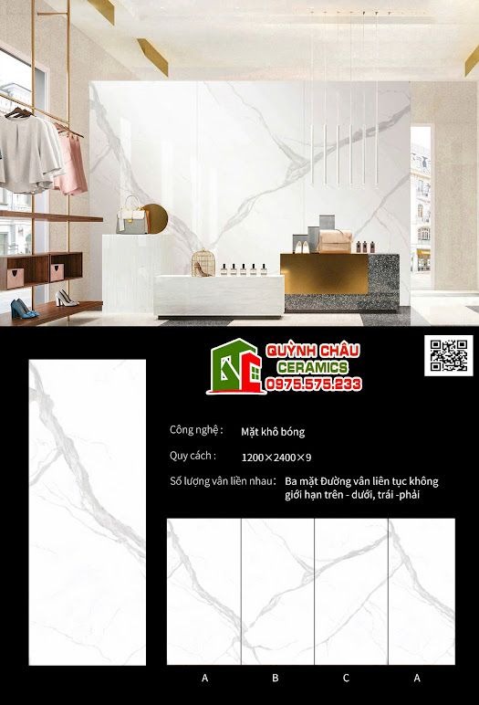 Gạch 120x240 đá nung kết trắng vân xám bóng kiếng