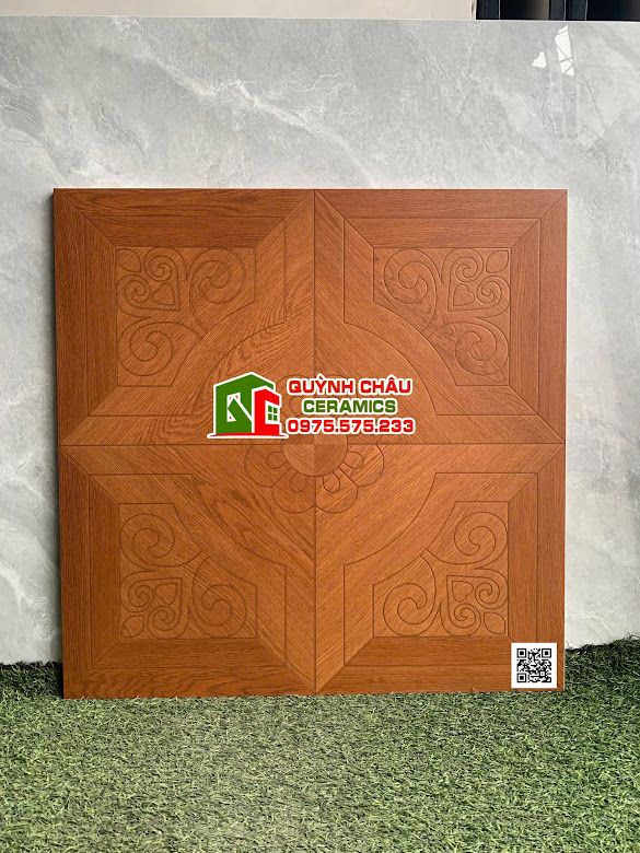 Gạch 60x60 vân gỗ nâu đỏ hoạ tiết chạm khắc hoa văn           