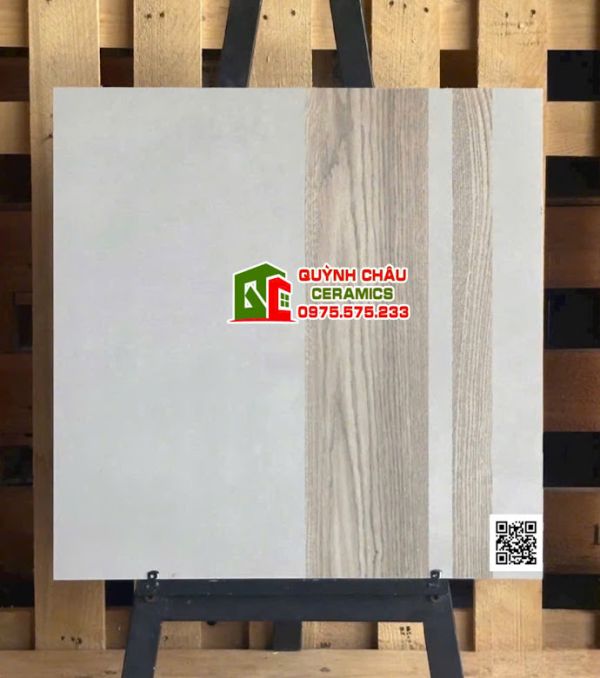 Gạch 60x60 màu xám xi măng mix vân gỗ nâu   
