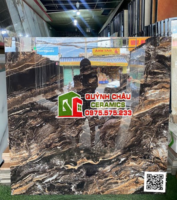 Gạch ấn độ 120x120 màu đen vân đá nâu Black Merida Pedra siêu bóng
