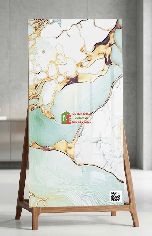 Gạch ấn độ 60x120 bóng kính vân đá xanh mint vàng kim