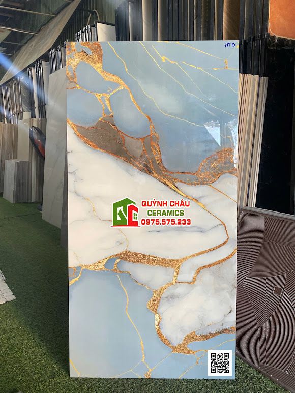 Gạch ấn độ 60x120 vân đá marble xanh trắng ánh kim