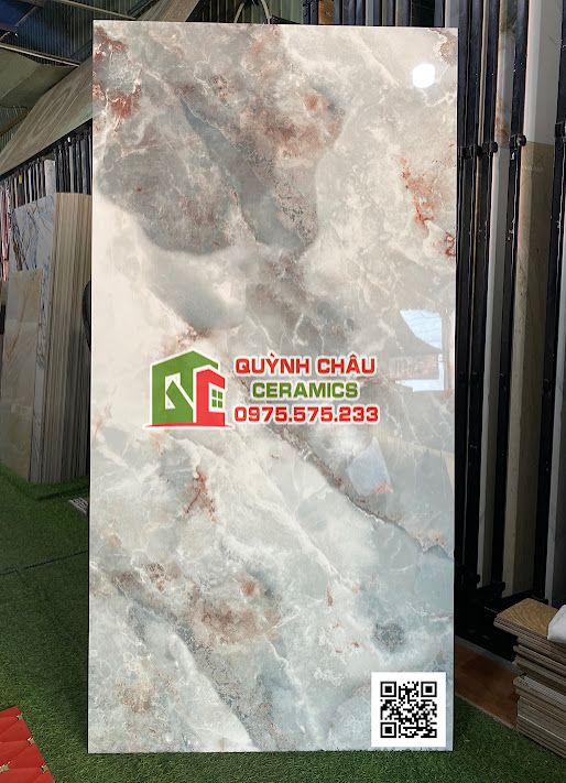Gạch ấn độ 80x160 màu xanh ngọc bích vân đá xen trắng Abside crema bóng kiếng