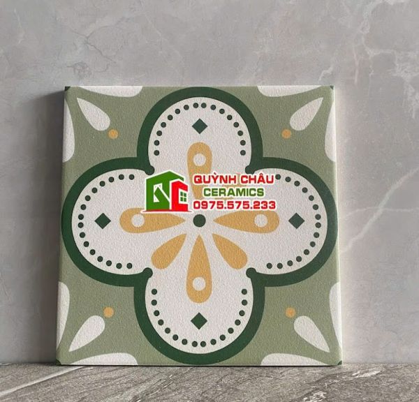 Gạch bông 20x20 hoa mai xanh mint cánh trắng nhuỵ vàng