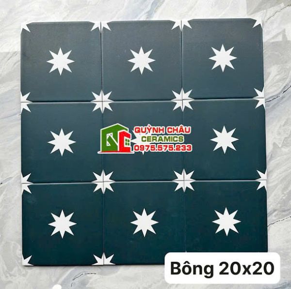 Gạch bông 20x20 nền xanh hoa văn điểm trắng
