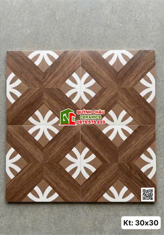 Gạch bông 30x30 hoạ tiết vân gỗ hoa trắng hình tròn đối xứng