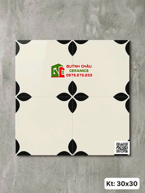 Gạch bông 30x30 màu kem sáng hoạ tiết cánh hoa đen