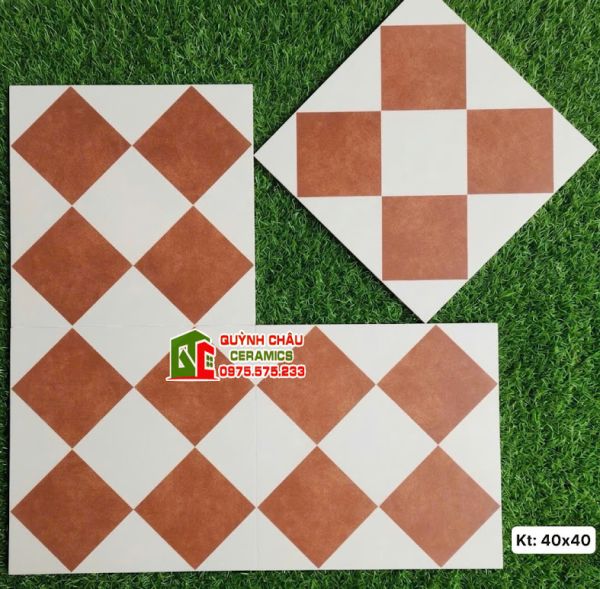 Gạch bông 40x40 caro đỏ trắng hoạ tiết hình học      
