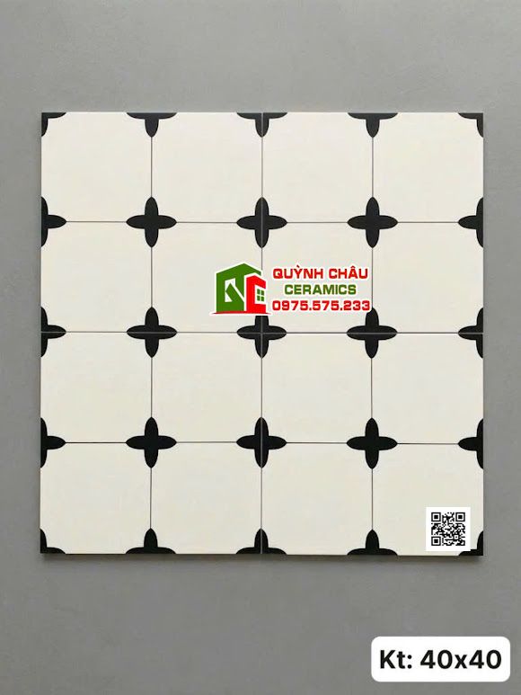 Gạch bông 40x40 trắng đen hoạ tiết hoa 4 cánh