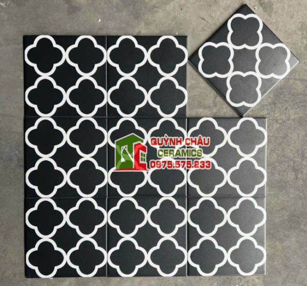 Gạch bông đen họa tiết trắng đơn giản 20x20 cm