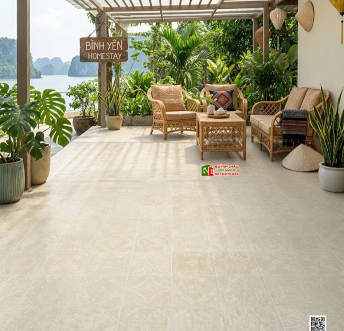 Gạch bông giả cổ 40x40 họa tiết màu kem trắng sữa