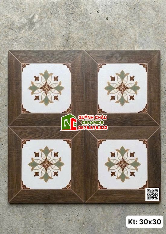 Gạch bông hoạ tiết viền vân gỗ nâu 30x30cm