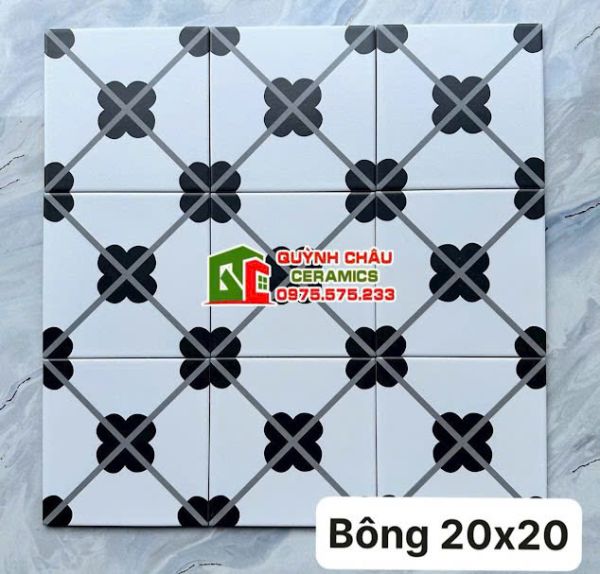 Gạch bông hoa văn trắng đen lát nền 20x20 xương đá