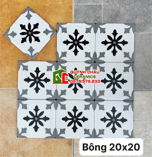Gạch bông hoa văn xám và đen 20x20 đá mờ