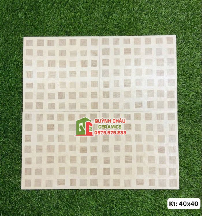 Gạch bông lát nền 40x40 vàng kem hoạ tiết caro vân gỗ