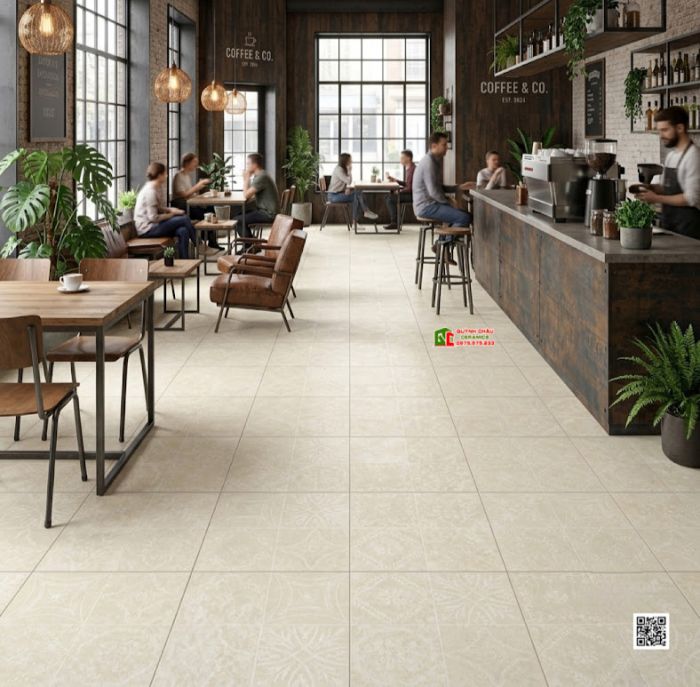 Gạch bông giả cổ 40x40 họa tiết màu kem trắng sữa