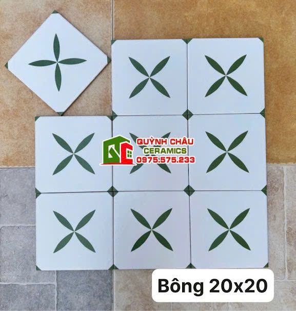 Gạch bông màu nền trắng hoa văn màu xanh lá 20x20 đá mờ