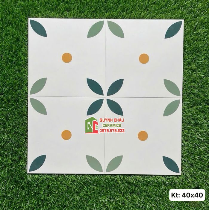 Gạch bông ốp lát 40x40 nền trắng hoa văn xanh vàng hiện đại