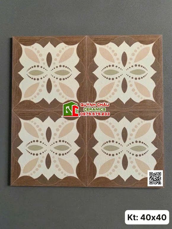 Gạch bông trang trí 40x40 hoạ tiết viền gỗ nâu kem sang trọng