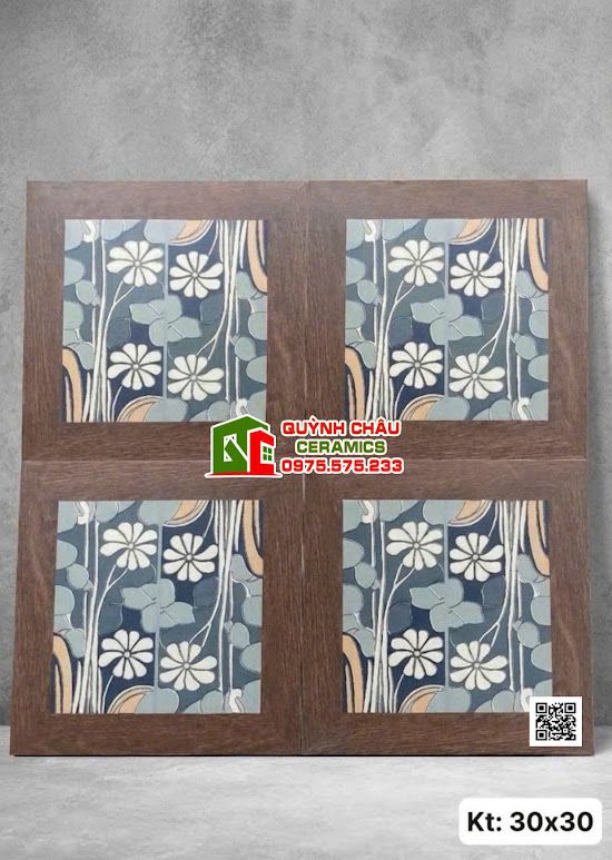 Gạch bông trang trí viền gỗ 30x30 hoạ tiết cúc hoạ mi