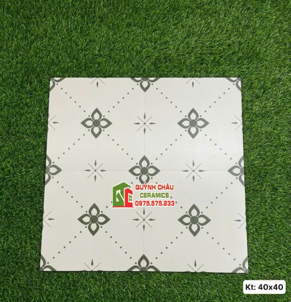 Gạch bông xương đá 40x40 hoạ tiết hoa đối xứng trắng xám