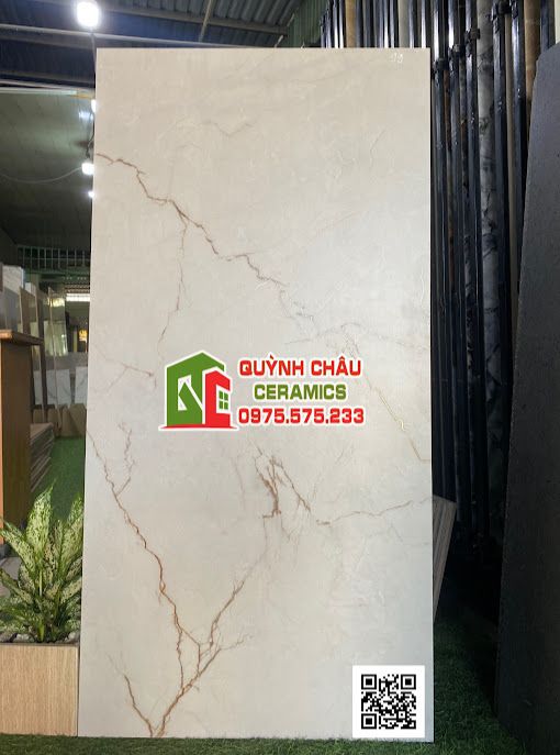 Gạch đá mờ 60x120 màu kem vân vàng carving hiệu ứng