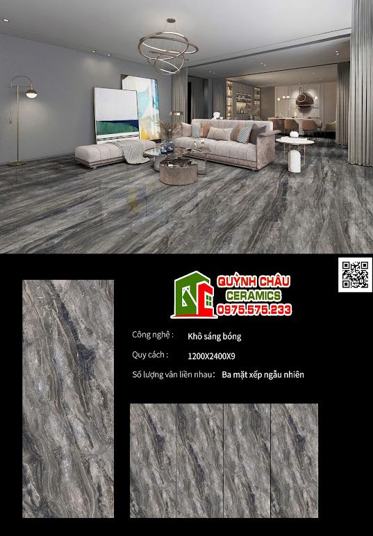 Gạch đá nung kết 120x240 vân đá xám đậm bóng kiếng