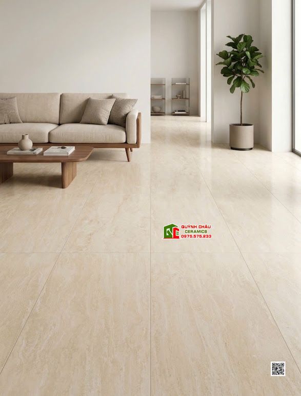 Gạch granite vân đá Travertine mờ vàng kem 60x120cm cao cấp