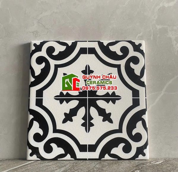 Gạch hoạ tiết trắng đen 20x20 bông truyền thống