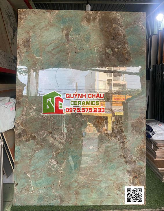 Gạch khổ lớn nhập khẩu ấn độ 120x180 vân đá màu xanh ngọc bích họa tiết xám Green Aqua Rus bóng kiếng