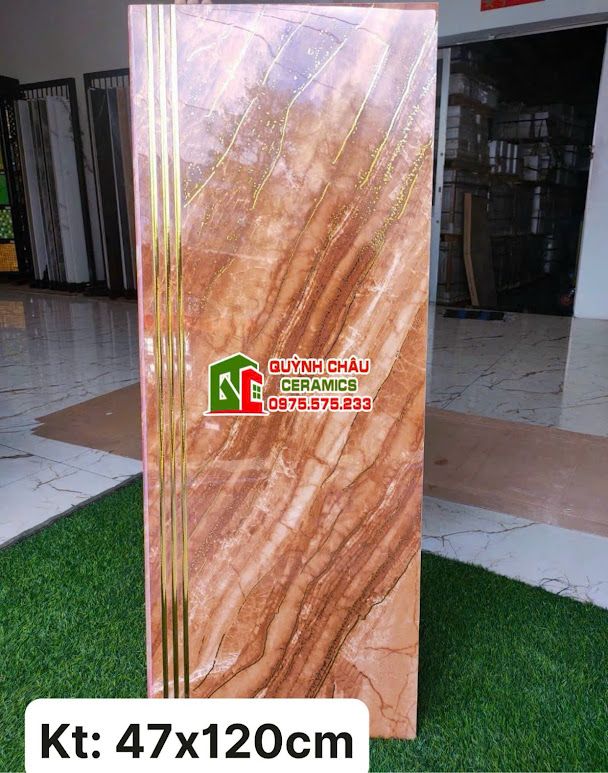 Gạch lát cầu thang 47x120 nhũ vàng kim nâu đỏ vân đá