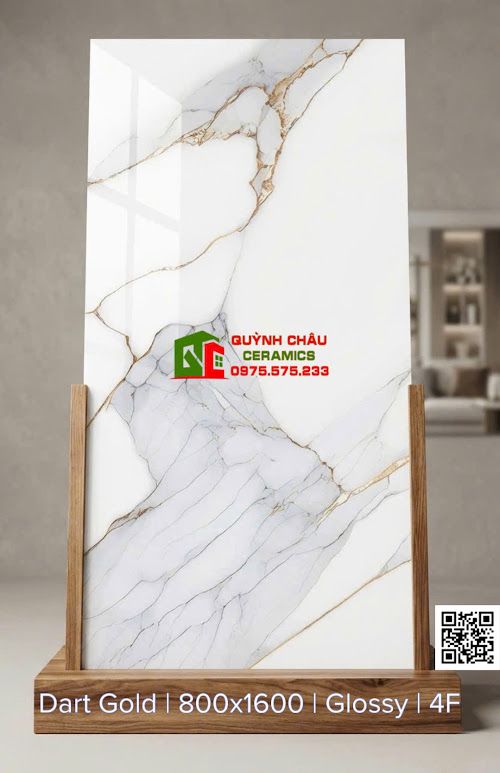 Gạch lát nền 80x160 trắng vân đá hoạ tiết chỉ vàng sang trọng