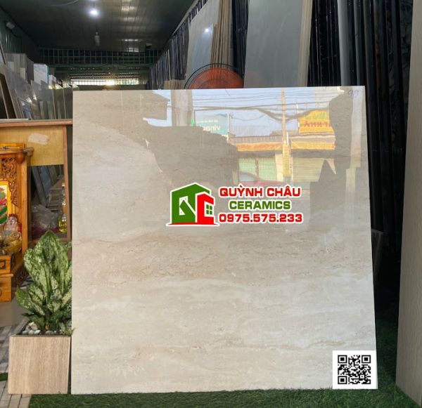 Gạch lát nền 80x80 ấn độ traventine bản to màu kem nhạt bóng kiếng
