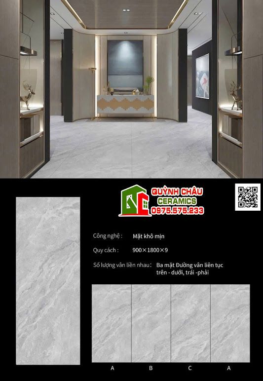 Gạch lát nền 90x180 mờ mịn vân đá xám đá nung kết