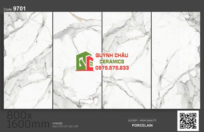 Gạch lát nền tasa 80x160 trắng Marble vệt xám bóng kiếng