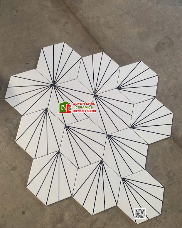 Gạch lục giác 20x23 cm màu trắng xòe quạt 5 tia đen