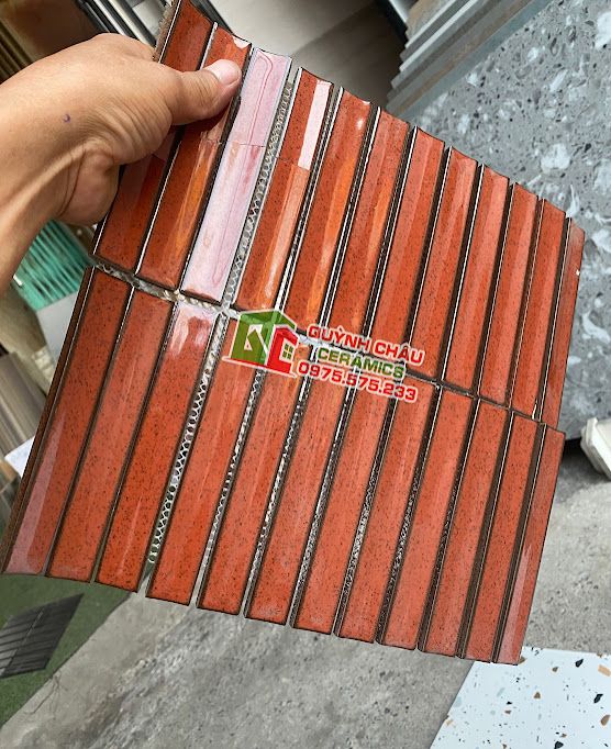 Gạch mosaic thanh que đũa lõm màu đỏ mè