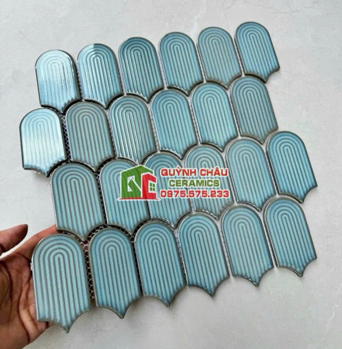 Gạch mosaic vân tay màu xanh gợn trang trí