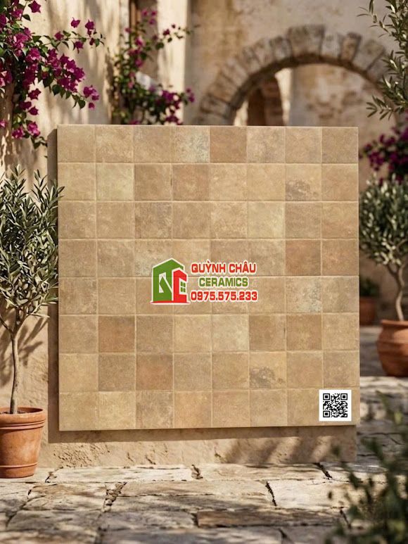 Gạch ốp giả thẻ vuông 40x80 kem nâu lượn sóng