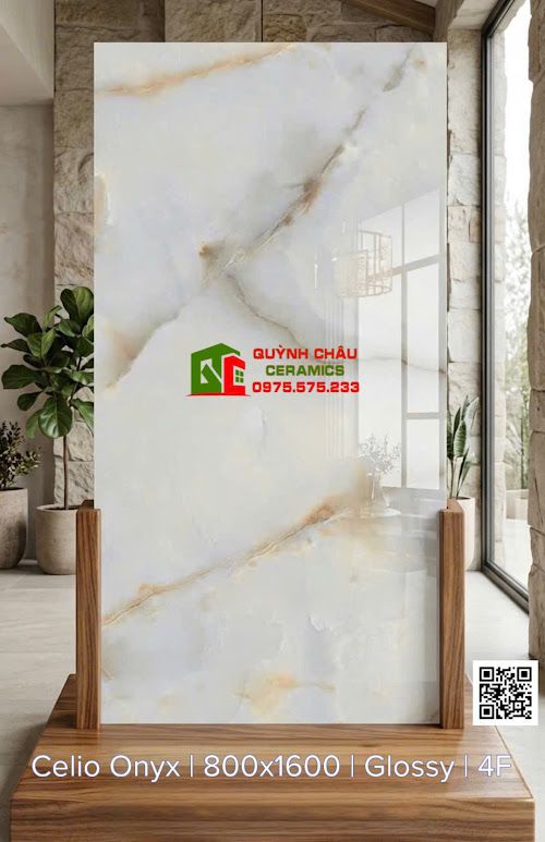 Gạch ốp lát 80x160 vân đá Onyx kem vàng nâu nhạt xám khói
