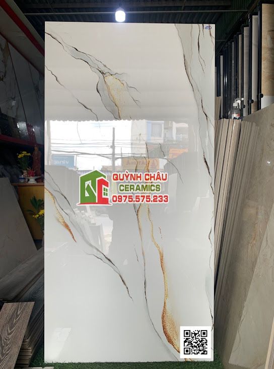 Gạch ốp lát ấn độ 80x160 trắng vân xám và vàng sang trọng bóng kiếng
